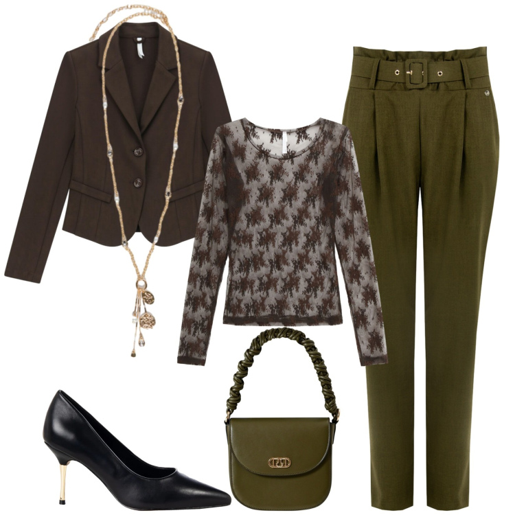 Outfit donna - Total look #2294664. Stile Chic per Serata fuori. Abbinamento con pantaloni, décolleté, borse a mano, maglieria, blazer, ciondoli.