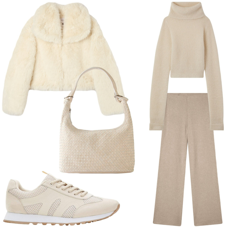 Outfit donna - Look monocromatico caldo e avvolgente. Stile Casual per Tutti i giorni. Abbinamento con sneakers, shopping bag, pantaloni, maglieria, ecopellicce.