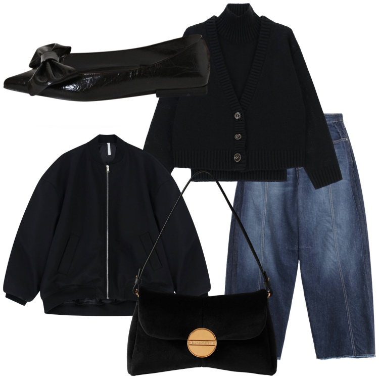 Outfit donna - Appuntamento al cinema. Stile Sporty chic per Serata fuori. Abbinamento con jeans, ballerine, cardigans, bomber, borse a tracolla.