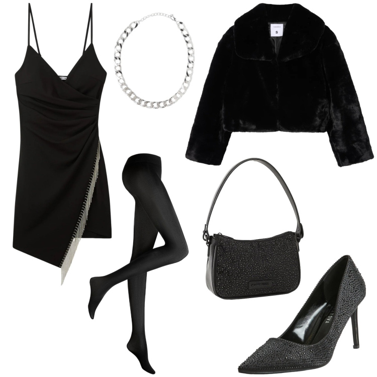 Outfit donna - Party natalizio. Stile Sexy per Serata fuori. Abbinamento con collant, borse a mano, vestiti corti, décolleté, collane, ecopellicce.