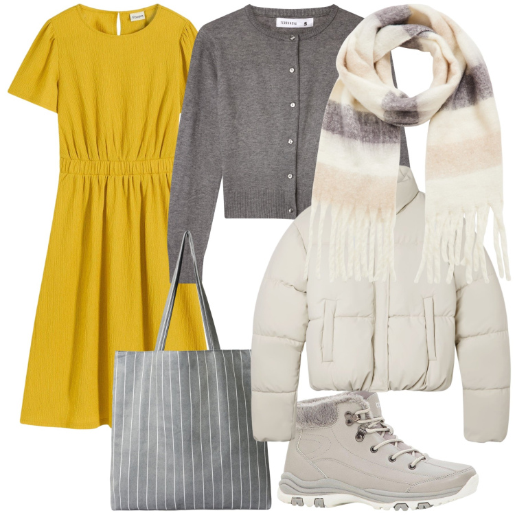 Outfit donna - Total look. Stile Urban per Tutti i giorni. Abbinamento con vestiti, stivaletti, sciarpe, shopping bag, cardigans, bomber.