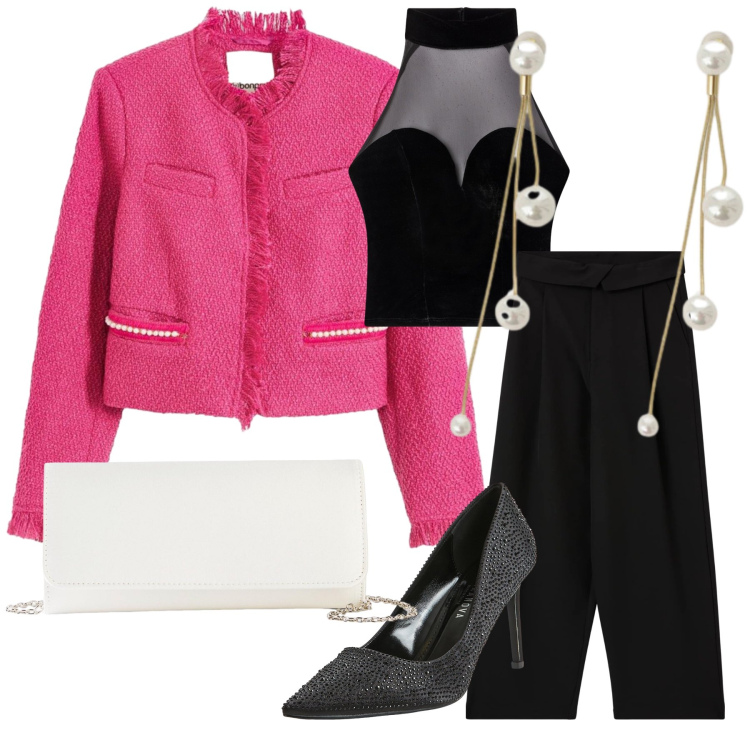 Outfit donna - Eleganza sexy. Stile Glamour per Serata fuori. Abbinamento con pochette, blazer, décolleté, pantaloni, top, orecchini.