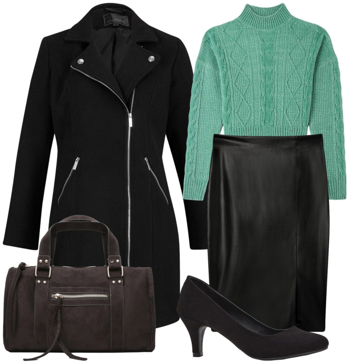 Outfit donna - Verde smeraldo. Stile Urban per Ufficio. Abbinamento con décolleté, cappotti, maglieria, gonne longuette, borse a mano.