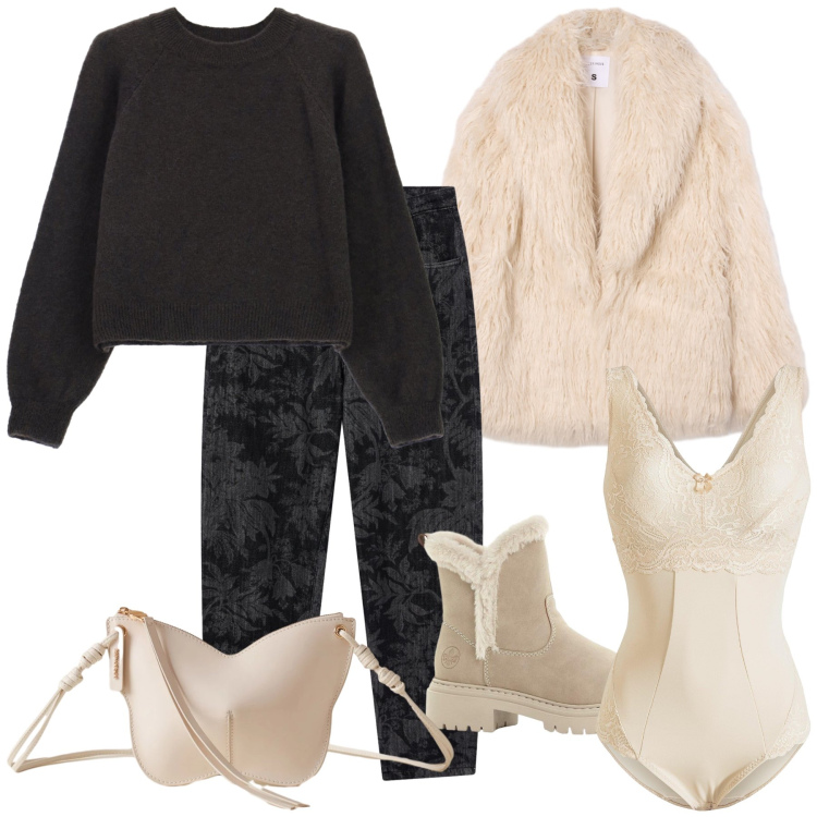 Outfit donna - Una serata fuori al caldo. Stile Trendy per Serata fuori. Abbinamento con body, stivaletti, jeans, ecopellicce, maglieria, borse a tracolla.