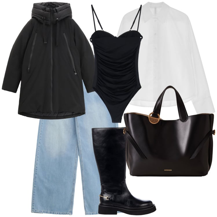 Outfit donna - City. Stile Casual chic per Tutti i giorni. Abbinamento con jeans, parka, stivali sopra il ginocchio, camicie, body, shopping bag.