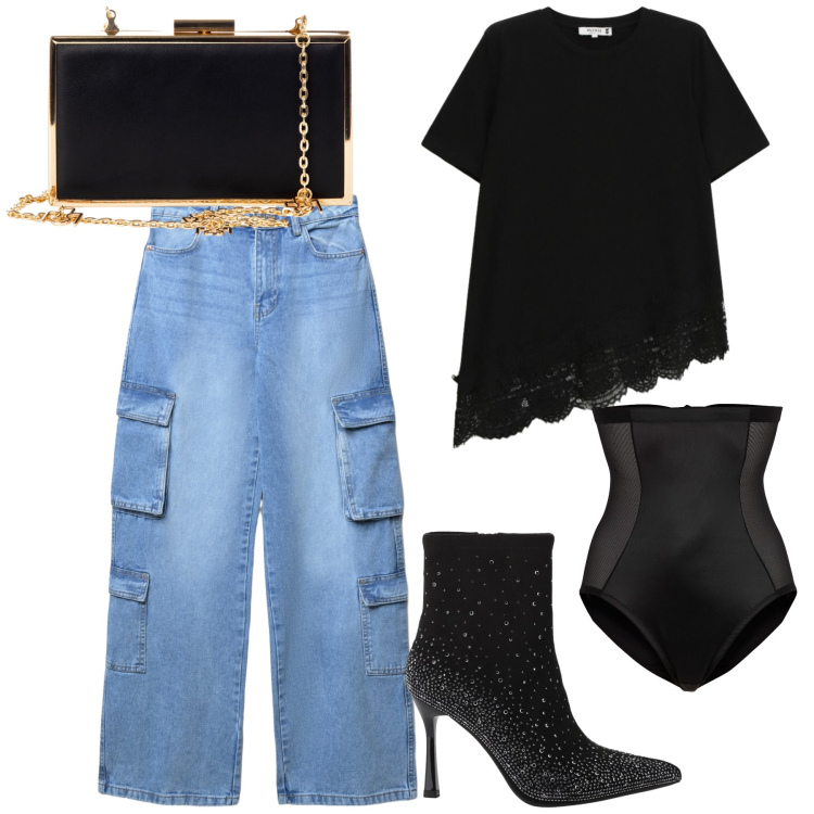 Outfit donna - I cargo per la serata importante. Stile Glamour per Serata fuori. Abbinamento con slip, t-shirt, pochette, jeans, stivaletti.