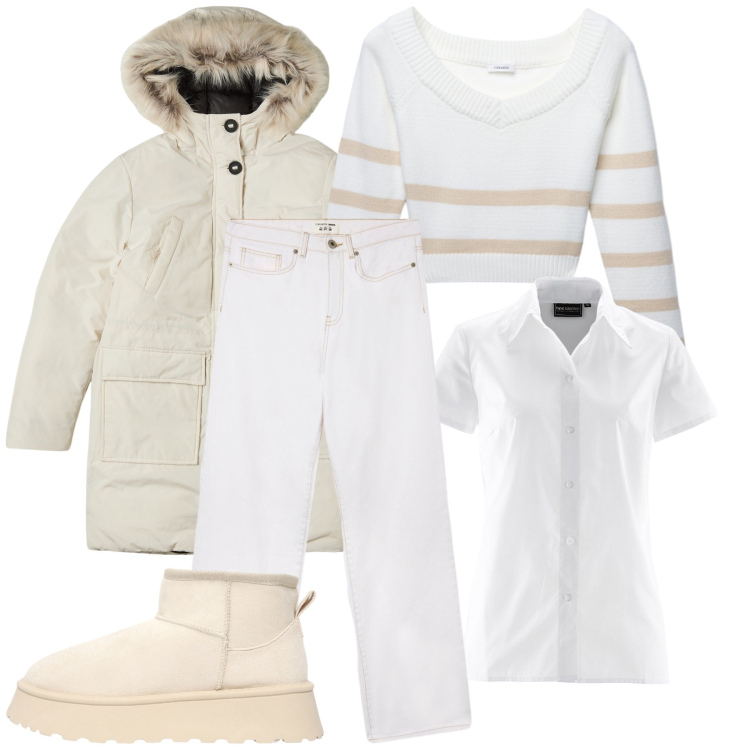 Outfit donna - Freddo non ti temo. Stile Casual chic per Tutti i giorni. Abbinamento con camicie a manica corta, parka, maglieria, jeans dritti, stivaletti.
