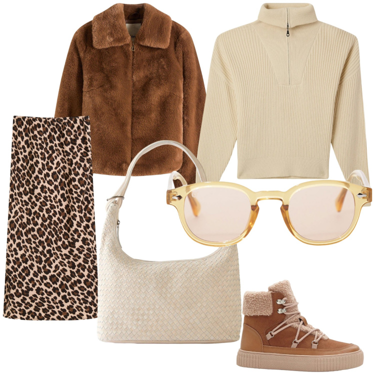 Outfit donna - In giro per shopping. Stile Urban per Tutti i giorni. Abbinamento con ecopellicce, shopping bag, stivaletti, gonne longuette, maglieria, occhiali da sole.