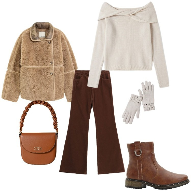 Outfit donna - Morfologia ad "A"_07. Stile Casual per Tutti i giorni. Abbinamento con blazer, stivaletti, pantaloni, maglieria, borse a mano, guanti.