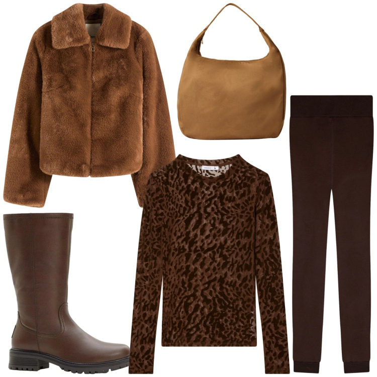 Outfit donna - Brownie. Stile Casual chic per Tutti i giorni. Abbinamento con ecopellicce, stivali, t-shirt, leggings, borse a mano.