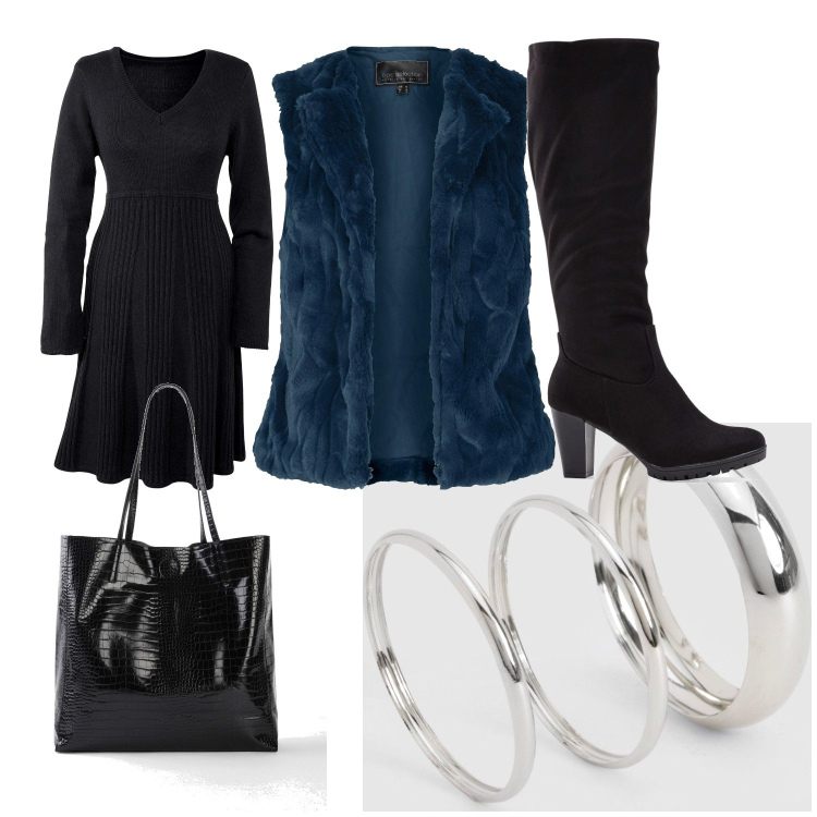 Outfit femme - Novembre. Style Casual chic pour Soirée dehors. Assortir avec bottes, sac cabas, gilets sans manche, robes longues, bracelets.