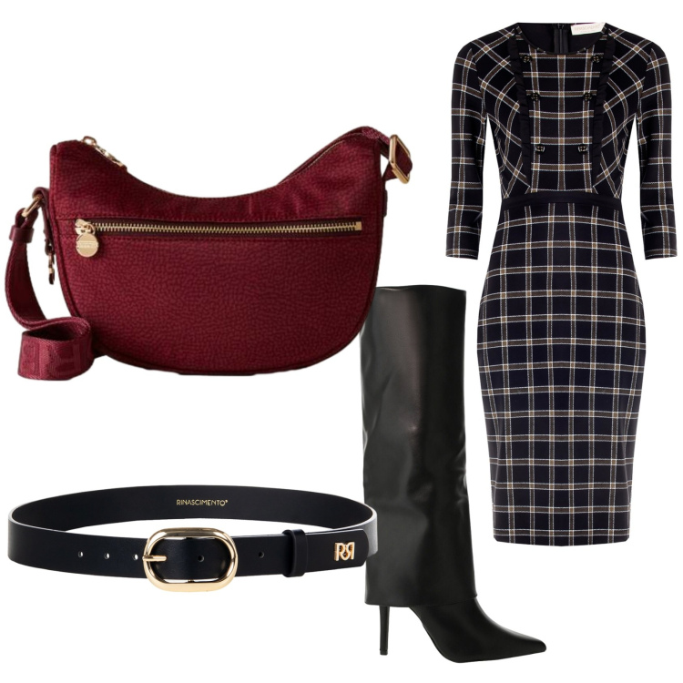 Outfit donna - Il tubino classico. Stile Chic per Ufficio. Abbinamento con vestiti a tubino, cinture, stivali, borse a tracolla.