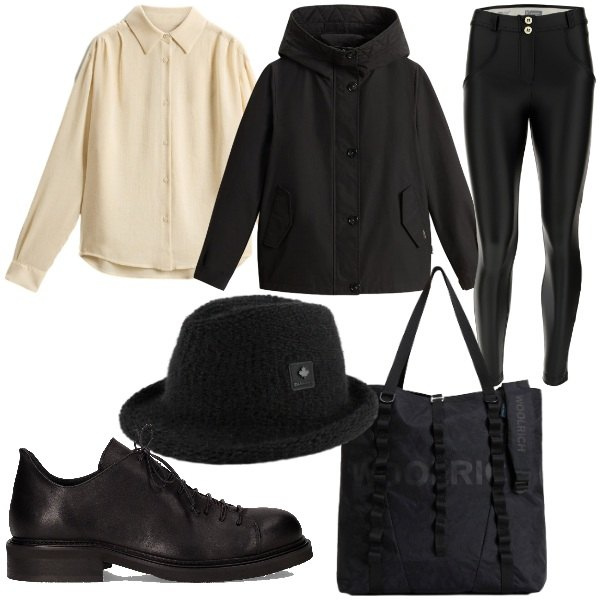 Outfit donna - Casual chic per novembre. Stile Casual chic per Serata fuori. Abbinamento con pantaloni skinny, cappelli, camicie, borse tote, blazer, scarpe stringate.