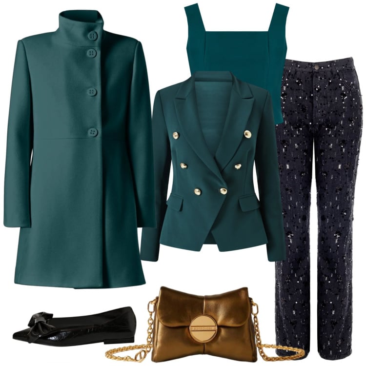 Outfit donna - Cerimonia festa serale. Stile Glamour per Cerimonia. Abbinamento con pantaloni, cappotti, top, blazer, ballerine, borse a tracolla.