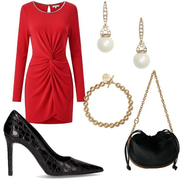 Outfit donna - Rinascimento Black Friday 2025. Stile Chic per Serata fuori. Abbinamento con vestiti a tubino, borse a spalla, braccialetti, orecchini, décolleté.