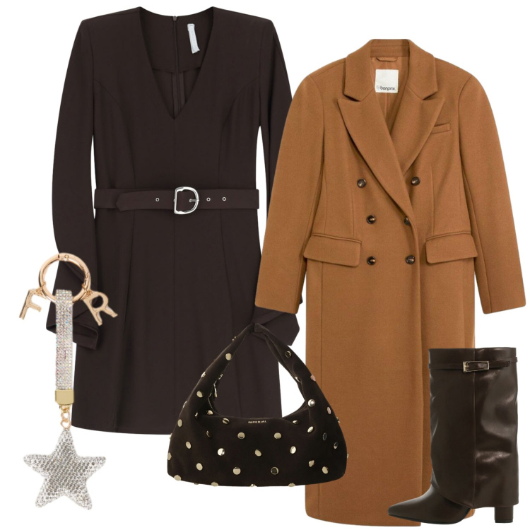 Outfit donna - Caramello e cioccolato. Stile Chic per Serata fuori. Abbinamento con cappotti, stivali, borse a spalla, vestiti corti, portachiavi.