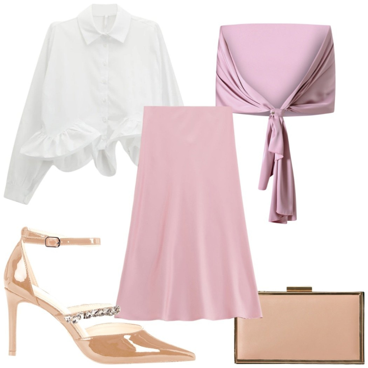 Outfit donna - Camicia e foulard: in rosa. Stile Glamour per Serata fuori. Abbinamento con scialli, pochette, décolleté, camicie, gonne longuette.