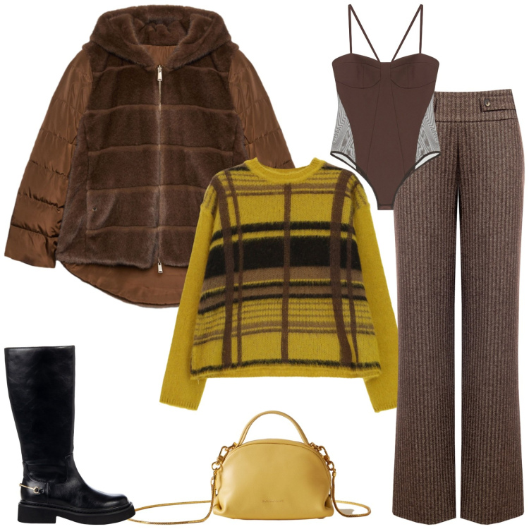 Outfit donna - Total look #2294698. Stile Casual chic per Tutti i giorni. Abbinamento con pantaloni, stivali sopra il ginocchio, body, maglieria, borse a mano, ecopellicce.