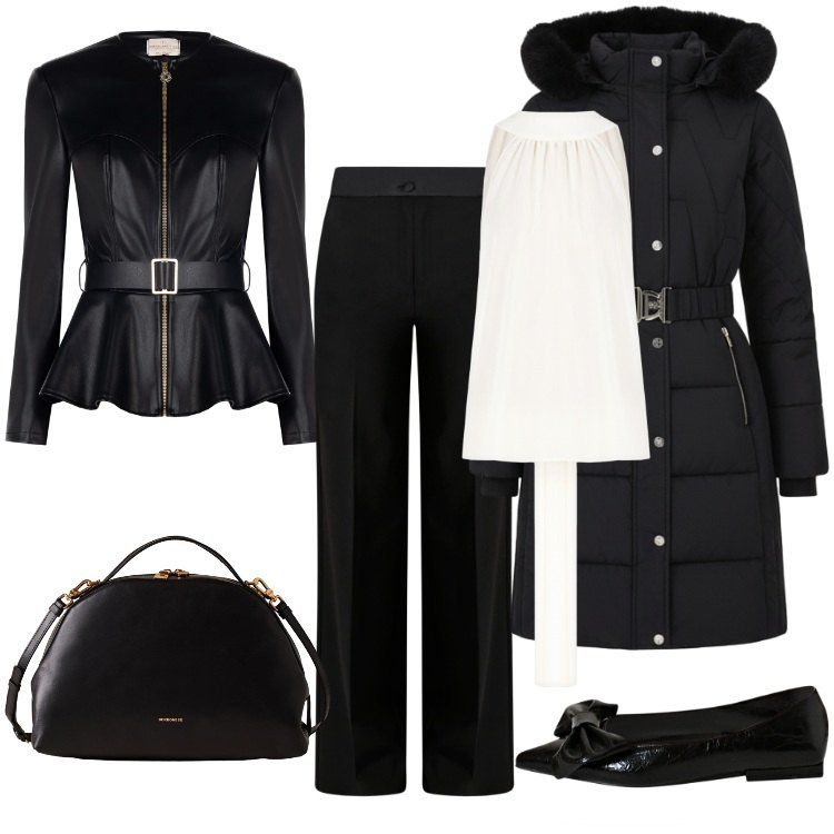 Outfit donna - Black&Chic!. Stile Glamour per Serata fuori. Abbinamento con piumini, blazer, ballerine, pantaloni a palazzo, top, borse a mano.
