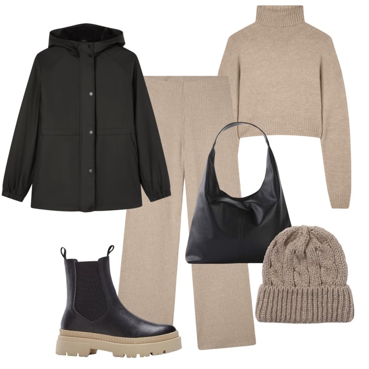 Outfit donna - Oggi piove. Stile Casual per Tutti i giorni. Abbinamento con stivaletti chelsea, shopping bag, pantaloni, maglieria, blazer, berretti.