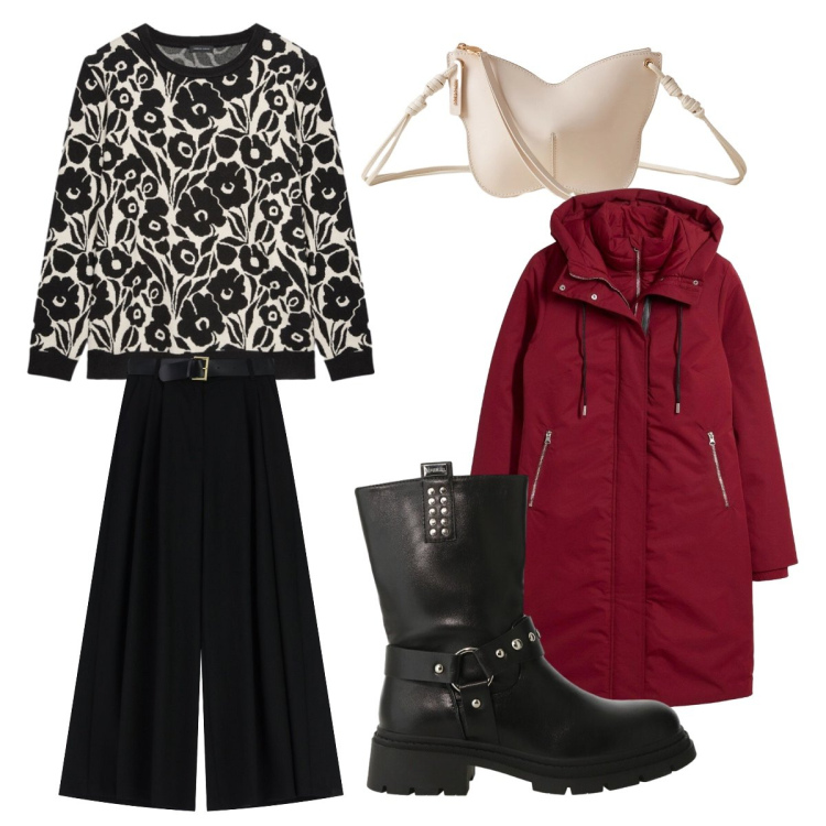 Outfit donna - Dicembre ufficio. Stile Trendy per Ufficio. Abbinamento con piumini, stivali, pantaloni a palazzo, borse a tracolla, maglieria.