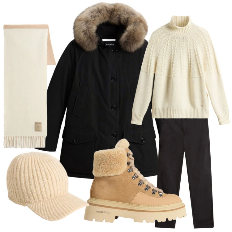 Outfit donna - Must have Woolrich. Stile Casual chic per Tutti i giorni. look ideale per Petite. Abbinamento con parka, sciarpe, maglieria, cappelli, pantaloni, stivaletti.