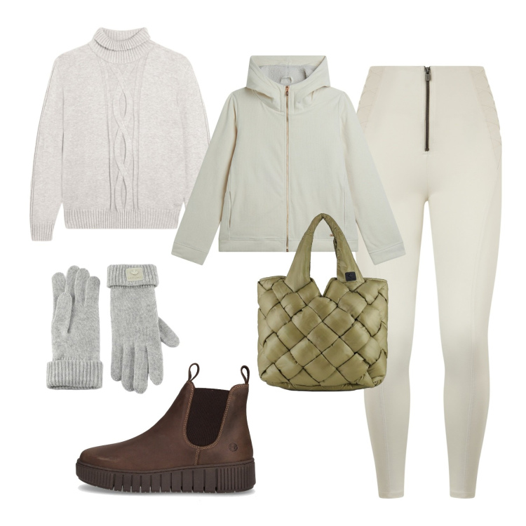 Outfit donna - Casual-chic. Stile Casual per Tutti i giorni. Abbinamento con blazer, pantaloni skinny, maglieria, borse tote, guanti, stivaletti chelsea.