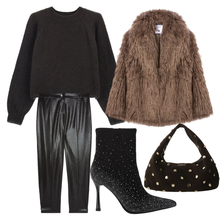 Outfit donna - Dicembre ufficio eco. Stile Glamour per Ufficio. Abbinamento con ecopellicce, maglieria, stivaletti, borse a spalla, pantaloni.