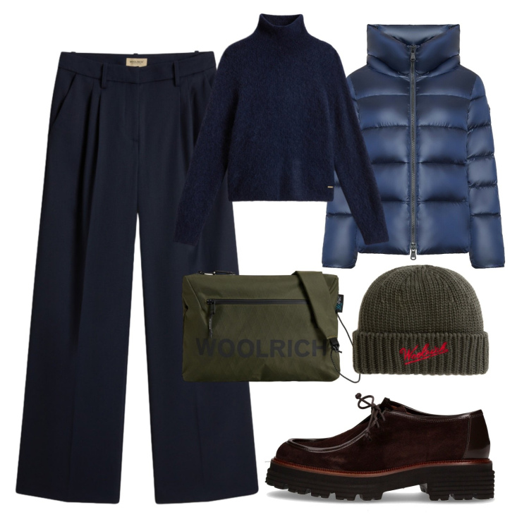 Outfit donna - A Novembre Woolrich!. Stile Casual chic per Tutti i giorni. Abbinamento con piumini, berretti, maglieria, borse a tracolla, pantaloni, mocassini.