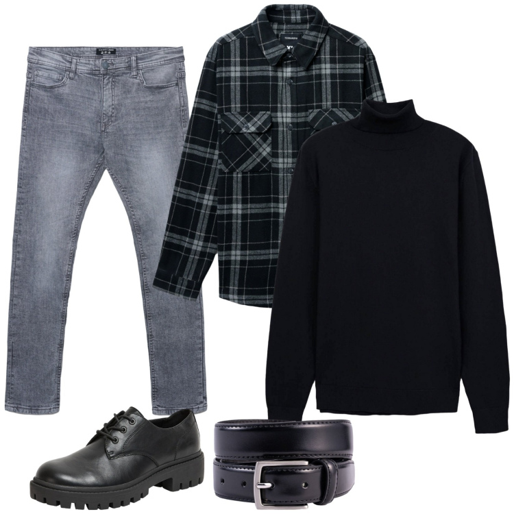 Outfit uomo - Collo alto e quadri. Stile Casual per Tutti i giorni. Abbinamento con scarpe stringate, maglieria, cappotti, jeans skinny, cinture.