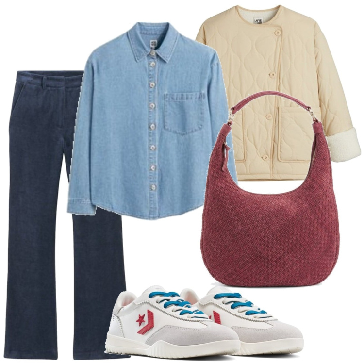 Outfit mujer - Casual look. Estilo Casual para Todos los días. Combinación con sneakers, bolso tote, pantalones, blazers, camisas.