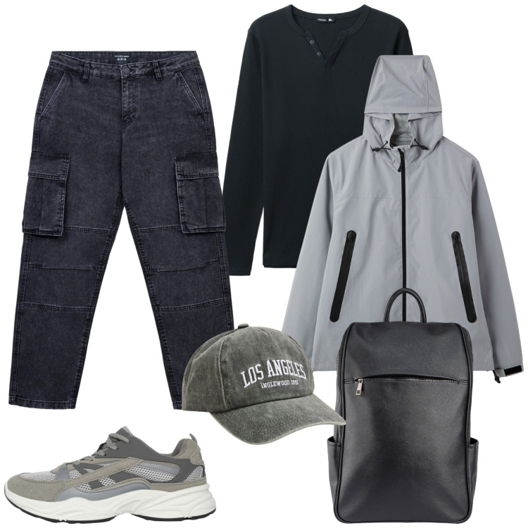 Outfit uomo - Viaggio di piacere. Stile Casual per Tutti i giorni. Abbinamento con cappelli con visiera, sneakers, giacche, jeans, t-shirt, borse sportive.