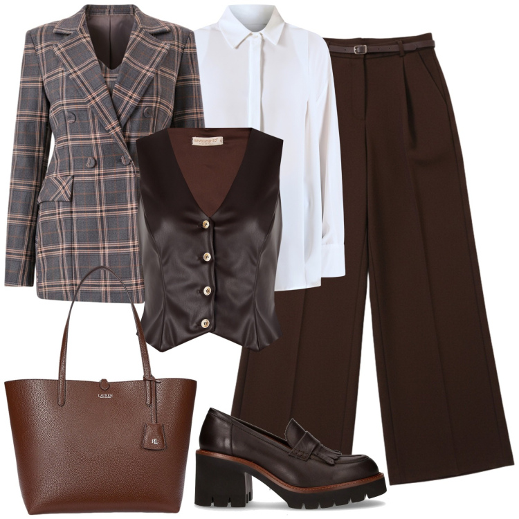Outfit donna - Casual chic Chocolate. Stile Casual chic per Ufficio. Abbinamento con pantaloni a palazzo, gilet, blazer, camicie, borse tote, décolleté.