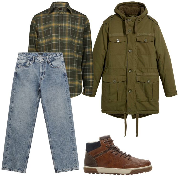Outfit uomo - Parka con cappuccio. Stile Casual per Tutti i giorni. Abbinamento con parka, sneakers alte, jeans dritti, camicie.