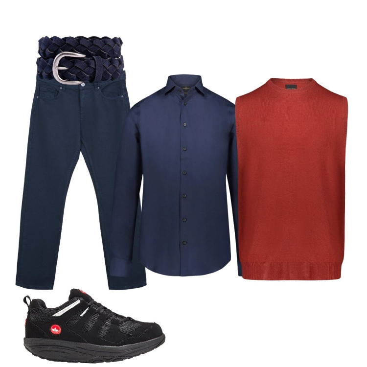 Outfit uomo - In ufficio. Stile Casual per Ufficio. Abbinamento con sneakers, jeans dritti, camicie, gilet, cinture.