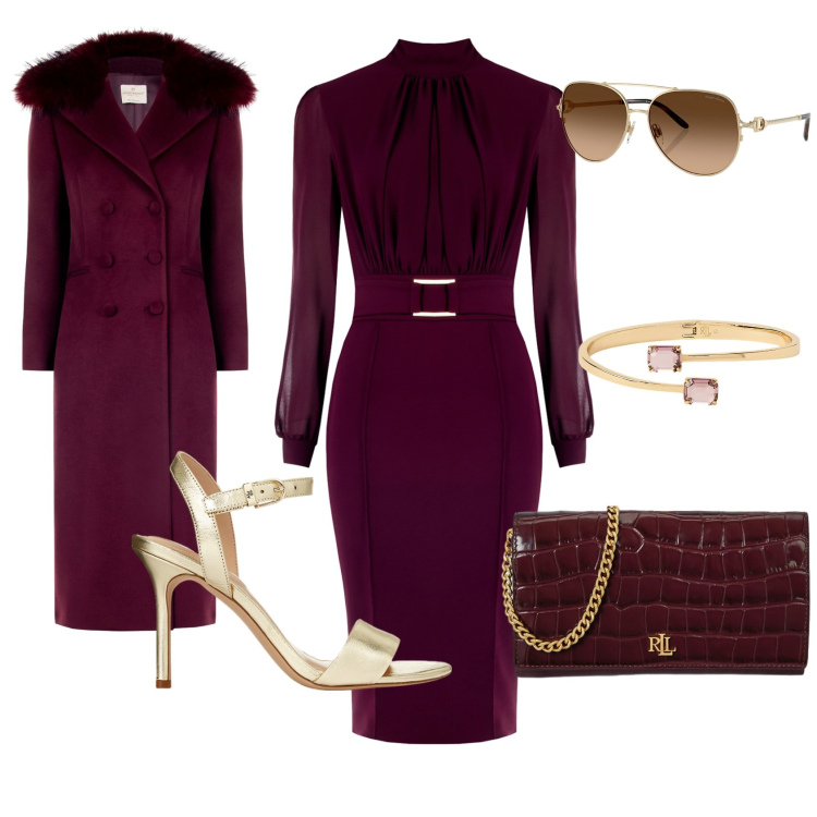 Outfit donna - Total look bordeaux. Stile Chic per Serata fuori. Abbinamento con vestiti a tubino, cappotti, braccialetti, occhiali da sole, sandali in pelle, portafogli.