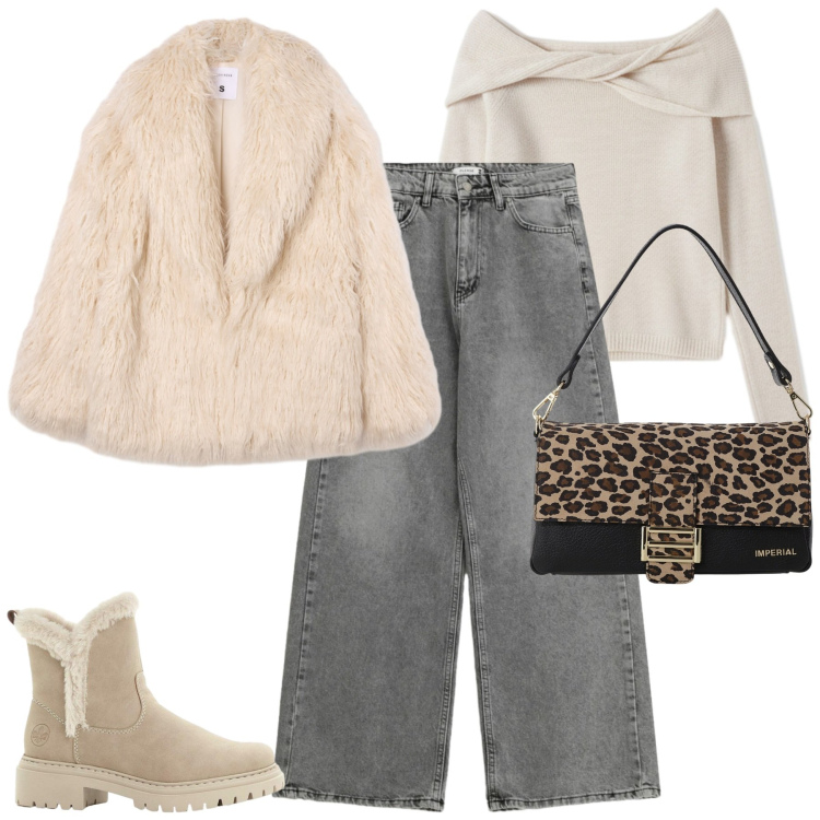 Outfit donna - Total look #2294742. Stile Casual chic per Tutti i giorni. Abbinamento con stivaletti, jeans, ecopellicce, maglieria, borse a spalla.