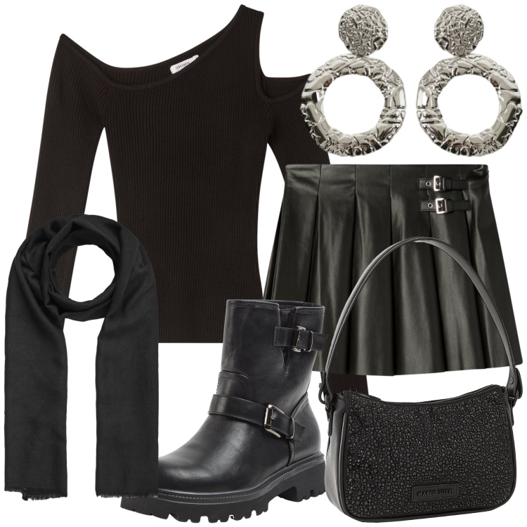 Outfit donna - Rock night. Stile Rock per Serata fuori. Abbinamento con borse a mano, maglieria, stivaletti, foulard, minigonne, orecchini.