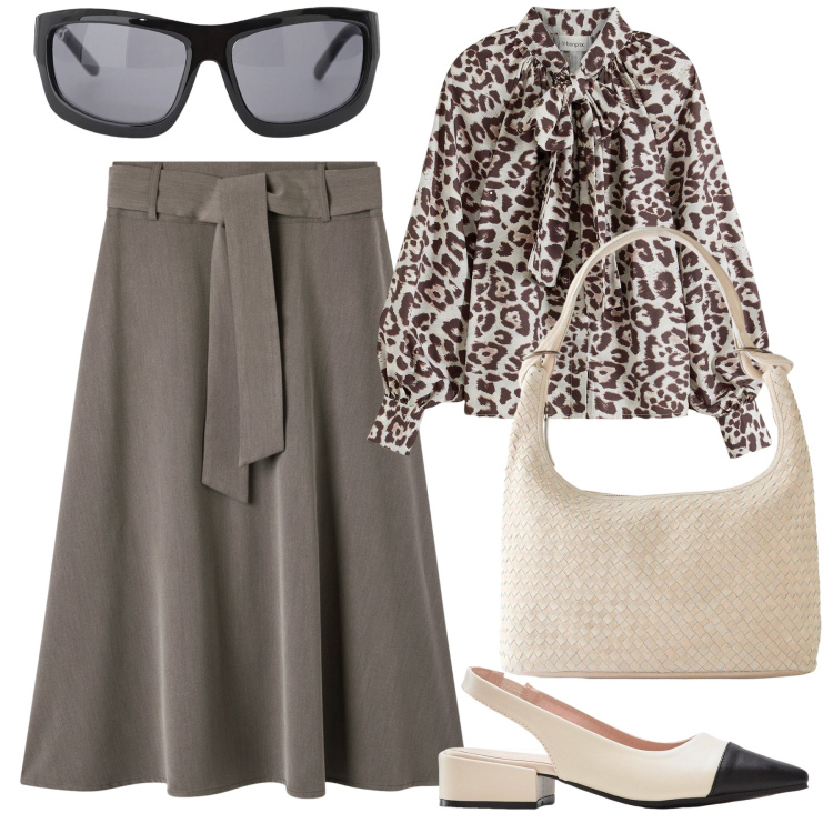 Outfit donna - Bon ton maculato. Stile Bon Ton per Ufficio. Abbinamento con shopping bag, décolleté, camicie, gonne lunghe, occhiali da sole.