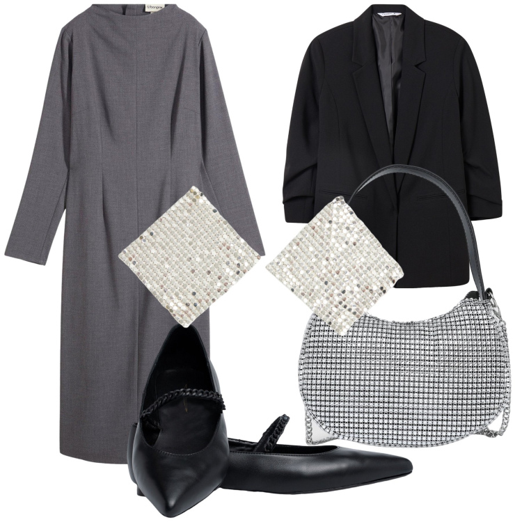 Outfit donna - Serata fuori col Black Friday. Stile Chic per Serata fuori. Abbinamento con vestiti midi/longuette, blazer, orecchini, borse a spalla, ballerine.