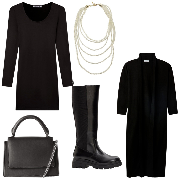 Outfit donna - Dal lavoro alla serata con gli amici. Stile Glamour per Serata fuori. Abbinamento con stivali, cardigans, vestiti corti, borse a tracolla, collane.