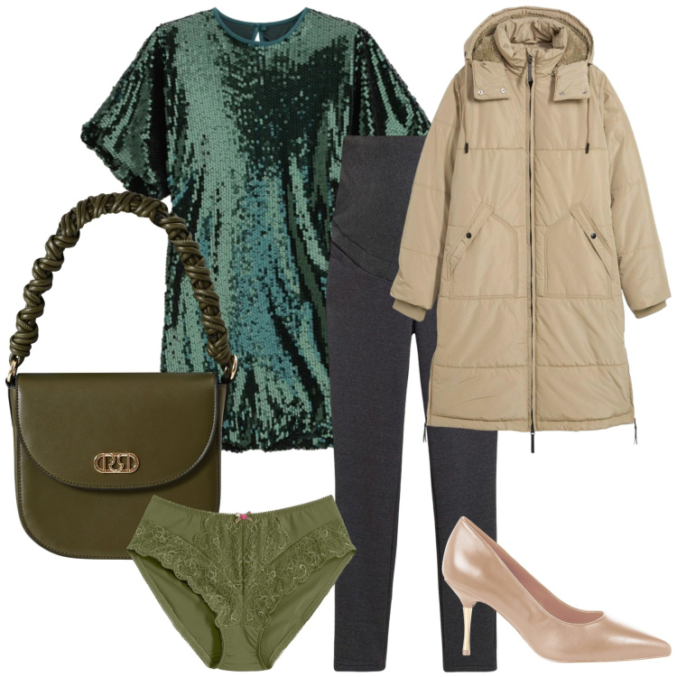 Outfit donna - Un invito informale. Stile Urban per Serata fuori. Abbinamento con piumini, leggings, culotte, vestiti corti, décolleté, borse a mano.