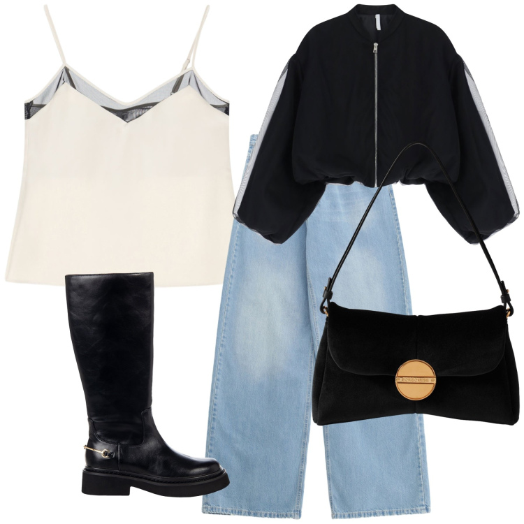 Outfit donna - Fuori a cena. Stile Sporty chic per Serata fuori. Abbinamento con jeans, stivali sopra il ginocchio, bomber, top, borse a tracolla.