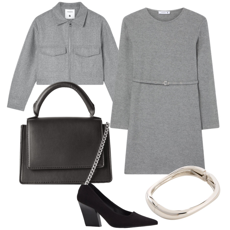 Outfit donna - Grey lady. Stile Urban per Ufficio. Abbinamento con décolleté, braccialetti, borse a tracolla, blazer, vestiti midi/longuette.