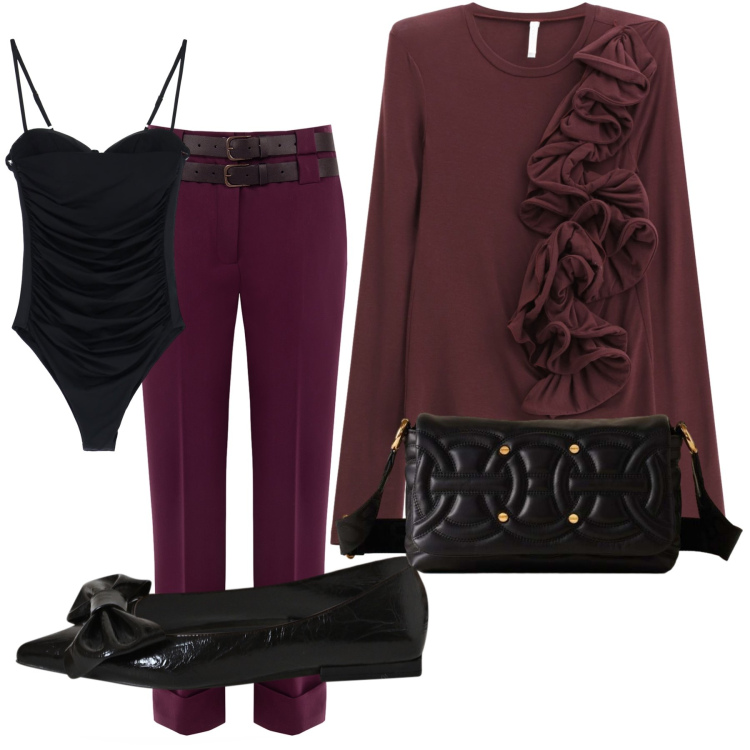 Outfit donna - Una casacca molto scenografica. Stile Chic per Serata fuori. Abbinamento con pantaloni, ballerine, t-shirt, body, borse a tracolla.