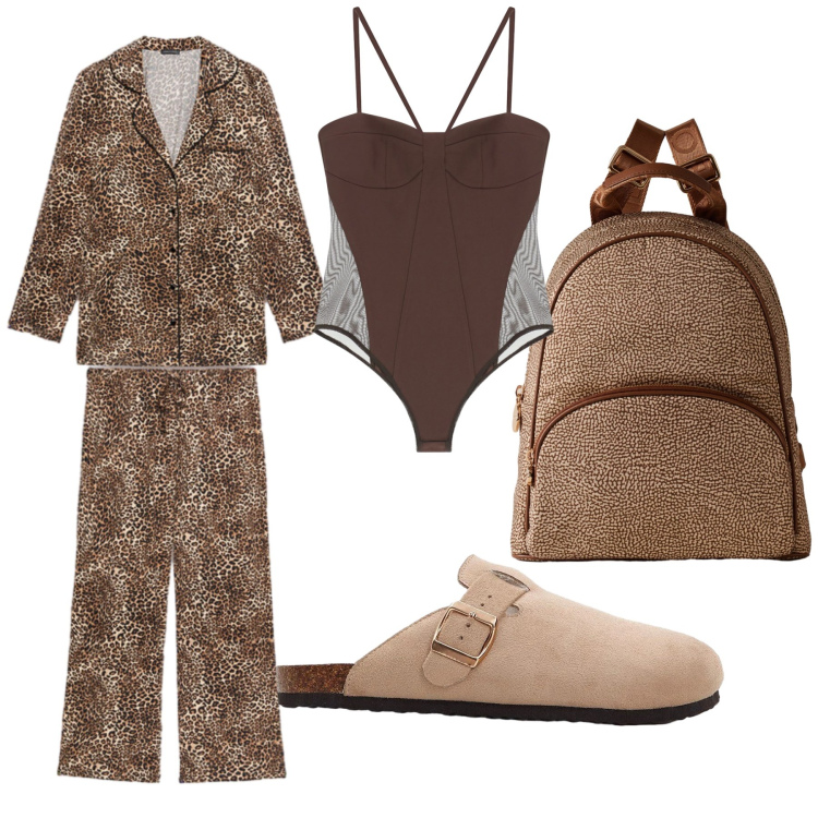 Outfit donna - A casa. Stile Basic per Tutti i giorni. Abbinamento con pantofole, body, zaini, pigiama.