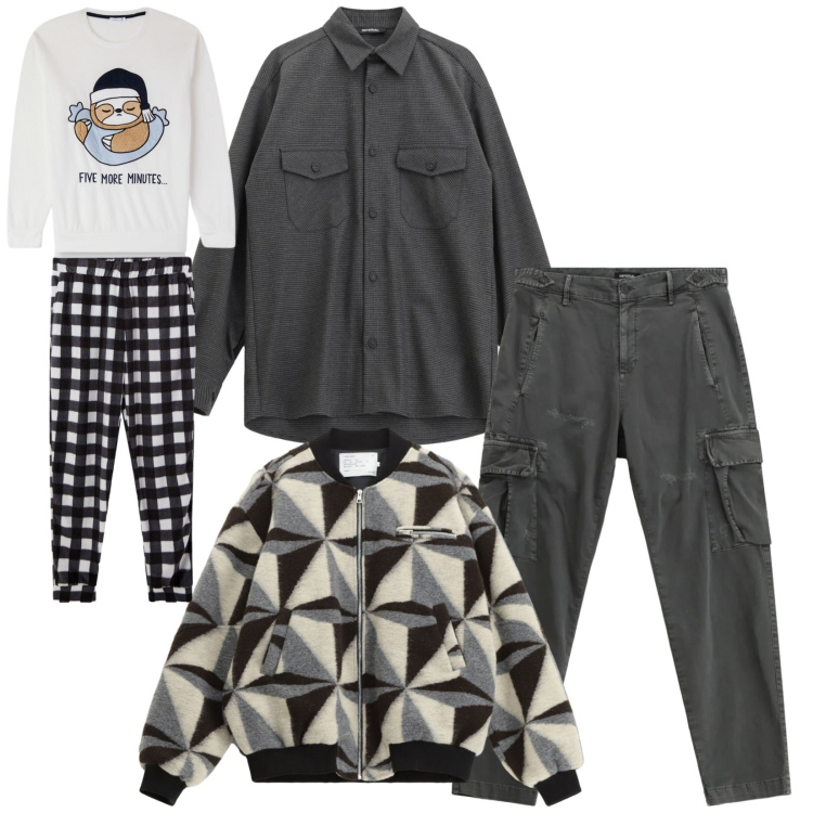 Outfit uomo - Total look #2294790. Stile Urban per Tutti i giorni. Abbinamento con abbigliamento da notte, camicie, giacche, pantaloni cargo.