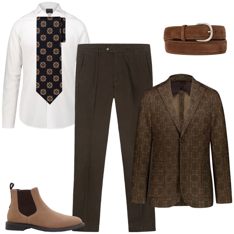 Outfit uomo - Total look #2294792. Stile Business/Elegante per Cerimonia. Abbinamento con stivali e stivaletti, camicie, giacche, cinture, pantaloni chino, cravatte.