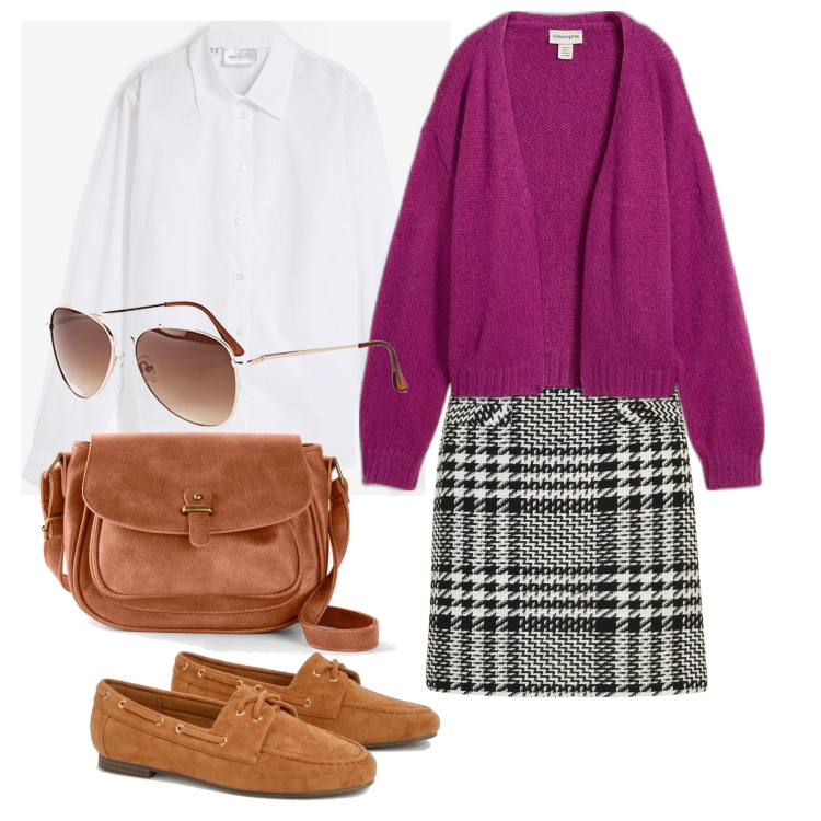 Outfit femme - Novembre. Style Preppy pour Tous les jours. Assortir avec chemisiers, lunettes de soleil, sacs en bandoulière, jupes, pulls, mocassins.