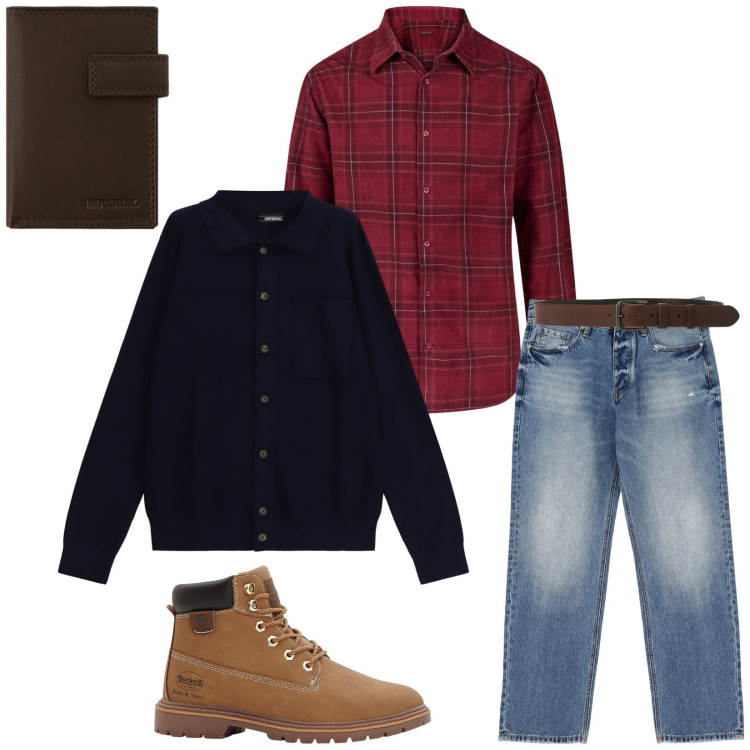 Outfit uomo - Total look #2294794. Stile Trendy per Tutti i giorni. Abbinamento con stivali e stivaletti, jeans, cardigans, portafogli, cinture, camicie.